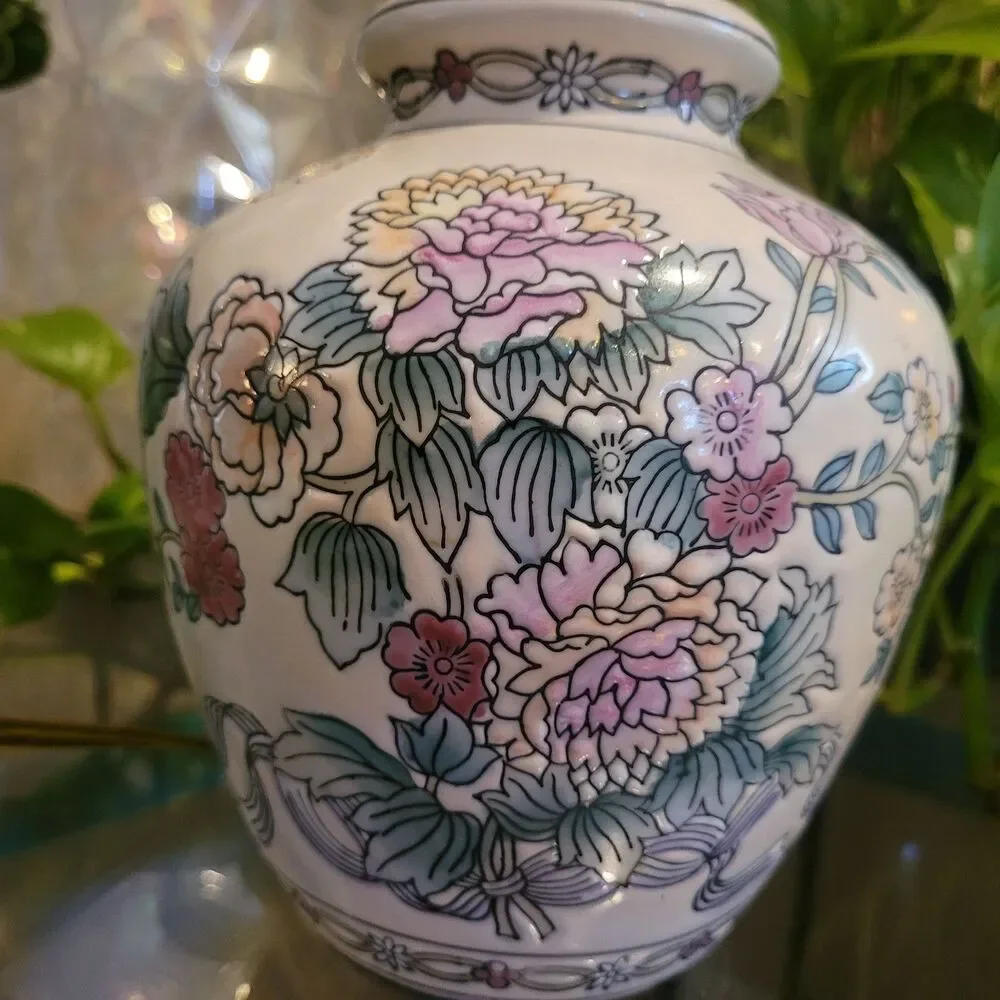 Vintage Lamp Boho Floral Chinoiserie Ginger Jar Table Size White Green Pink Red